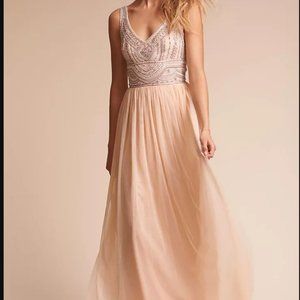 Anthropologie Champagne Beaded Tulle Gown